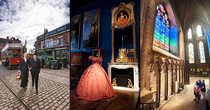 Beamish Museum, inside The Bowes Museum and family admiring stained glass window inside Durham Cathedral 